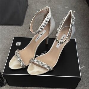 Nina White and Silver Stiletto Heels with Rhinestone Embellishments